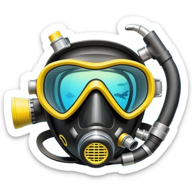 An icon featuring a close-up of a scuba diving mask, fins, and oxygen tank, with vibrant coral reefs and fish in the background. The design emphasizes the equipment and underwater beauty, symbolizing the thrill of exploring the deep sea. Transparent background highlights the serenity of the ocean. sticker