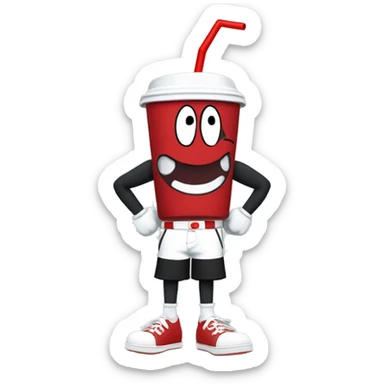 The character made from MDR studios called Cuphead.He has a cup for a head and a red and white straw on top.Black torso and arms .his hands are white.He wears red shorts and he has black legs.And his shoes are white. sticker