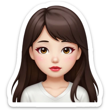“japanese style Emoji brunette girl long hair with side bangs white top, dewy skin, heavy blush across cheeks and nose bridge, glossy cherry lips, soft eyeliner, teary sparkling eyes sticker