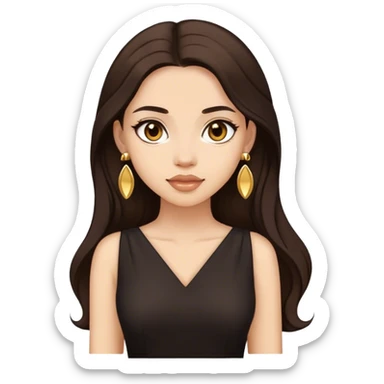 Beautiful woman,cute, long dark brown hair in dark dress with gold earrings sticker