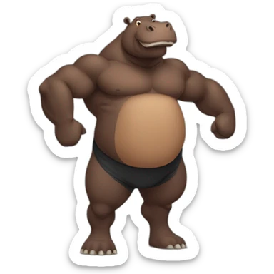 Big brown hippo with big belly doing a standing body building pose sticker