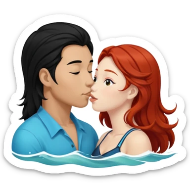 long black haired asian guy kiss redhead girl in ocean sticker