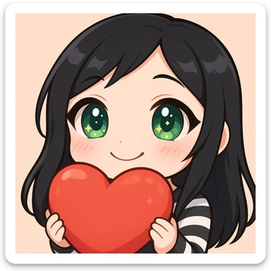 Twitch emote of a cute girl with black hair and green eyes, smiling, in a shiny, detailed chibi style with large eyes, sparkles, soft shading, and a heartwarming expression, matching the reference style. sticker