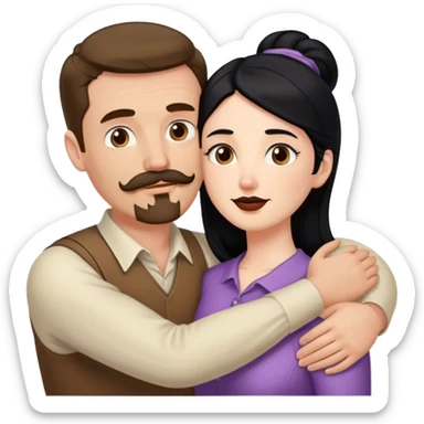 Tall white man with brown mustache goatee AND a short pale woman with long black hair, hugging sticker