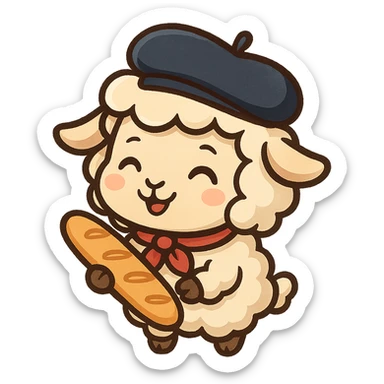 French sheep with a beret, carrying a baguette, cheerful style, chibi stickers style sticker