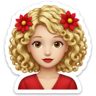 ["Fair skin female, curly blonde hair, red floral hair clip."] sticker