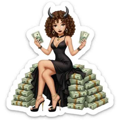 seductress evil brown curly haired sexy drug lord woman with clear glittery platform heels on her feet and devil black long silky sexy cutout dress, wearing black horns on her head, holding a stack of cash, has a phone in  other hand sticker