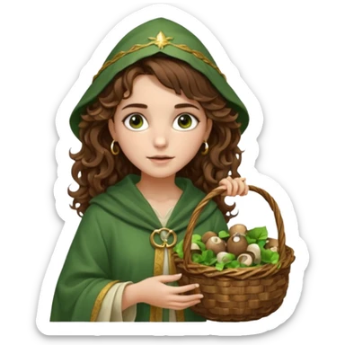 very beautiful italian girl, looking like Emma Watson, with curly and big volume very bright brown hair, and a golden piercing ring in nose on left side, dressed in a beautiful wizard robe of green colors, with basket of mushrooms sticker