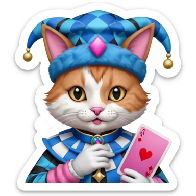 court jester cat medieval, poker card ace, pink and blue sticker