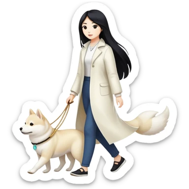 A woman with long black hair walks a white Shiba Inu sticker