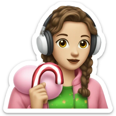 woman with brown hair and pale skin with green eyes and a pink sweatshirt and white earmuffs and holding a candy cane sticker