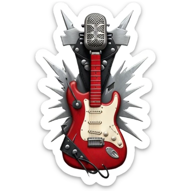 Create a powerful and dynamic humanless emoji representing rock vocals. The design should feature a classic vintage microphone with a rugged, distressed look, surrounded by elements like a guitar pick, electric guitar neck, and sound waves to reflect the raw energy of rock music. Add subtle details such as a spiked bracelet, leather textures, or bold lightning bolts to evoke the rebellious and intense spirit of rock. Use dark, edgy colors like black, red, silver, and metallic accents to emphasize the fierce, loud, and passionate nature of rock vocals. The background should be transparent. sticker