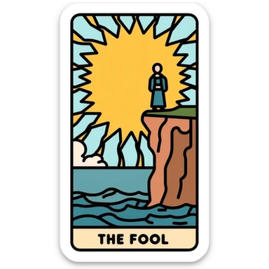 The Fool tarot card with sun in corner and figure near cliff sticker