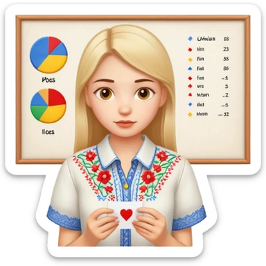 A Ukrainian girl in an embroidered shirt holds a diagram sticker
