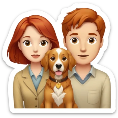 Red hair man and brown hair woman with a golden retriever between them sticker