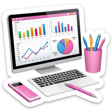 computer on a desk with papers, notes, notebook and pens showing data analysis stuff on it pink sticker