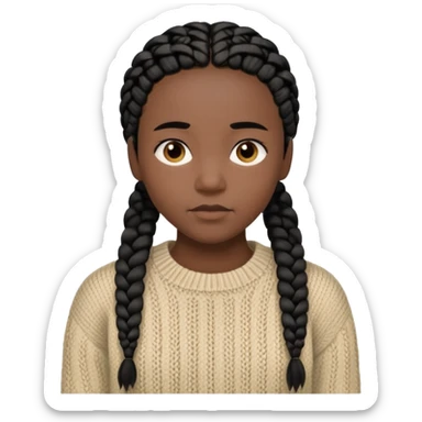 Her black skin glows warmly under the natural light, enhanced by the gentle textures of her knitted beige sweater and black hair in cornrows. her serene expression brings a quiet strength to the portrait.  sticker