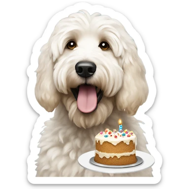 Shaggy large White Goldendoodle with tan on ears eating birthday cake  sticker