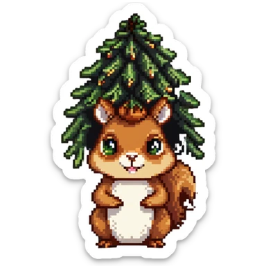 A greedy squirrel with a large pine cone balanced on its head, with a weird facial expression and wide eyes sticker