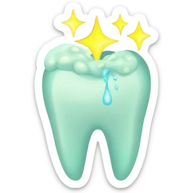 A tooth being cleaned with watergreen foam and giving off golden shinning stars from the top sticker