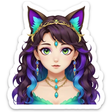 Beautiful gorgeous anime lady with beautiful dark-brown-wavy-special-hair, fashion aesthetic, ethereal, violet feather in hair, accessories, gold jewelries, gold, colorful, feline ears, colorful hazel-green-blue-gradient eyes sticker