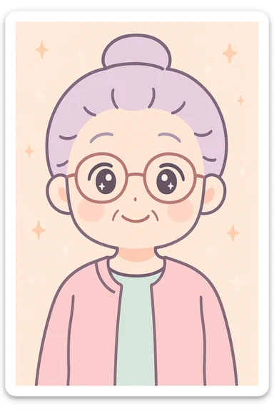 anime style older woman with glasses, friendly expression, simple background sticker