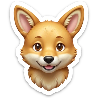 Cinematic Cute Dingo Portrait Emoji, Head tilted playfully and inquisitively, featuring a glossy sandy fur with naturally perky ears and round, sparkling amber eyes filled with curious mischief, Simplified yet irresistibly adorable features, highly detailed, glowing with a warm, friendly glow, high shine, affectionate and spirited, stylized with a touch of outback whimsy, bright and endearing, soft glowing outline, capturing the essence of a mischievous yet loving dingo, so playful it feels like it could bound out of the screen into your arms! sticker