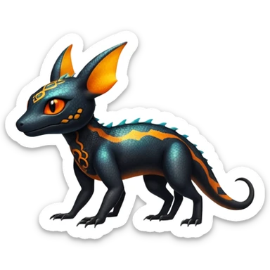 Colorful Iridescent Exotic Black and Orange Salandit-Aurorus-Umbreon-Fakémon-hybrid-creature (full body)  sticker