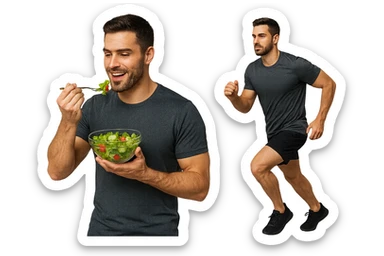 uomo fitness che mangia insalata accanto a uomo identico esteticamente che corre, iperrealistici 4k sticker