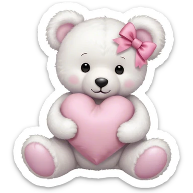 "A fluffy white teddy bear holding a heart-shaped pillow, adorned with a pink bow, dreamy aesthetic."
 sticker