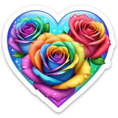 Rainbow heart with rainbow colored roses & sparkles sticker