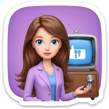 beautiful barbie girl with long brown hair, blue eyes and wearing light purple clothes watching tv show doctor who sticker