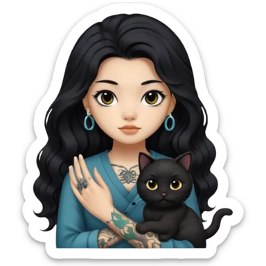 a Chinese girl with long black  Big Wave hair and tattoos and a black round faced cat and black eyes sticker