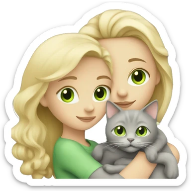blonde girl with green eyes cuddling grey cat sticker