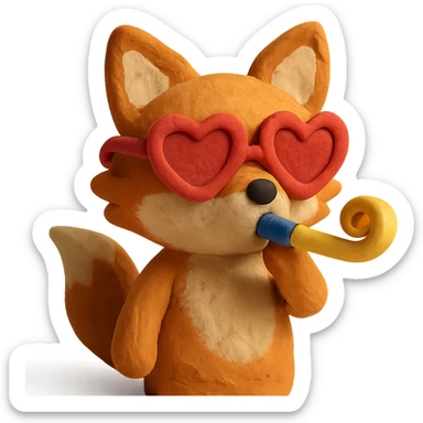 baby fox with heart glasses blowing party horn in claymation style sticker