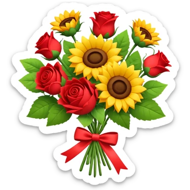 sunflowers and red roses bouquet tied with a bow, soft 3d claymation style, pretty sticker
