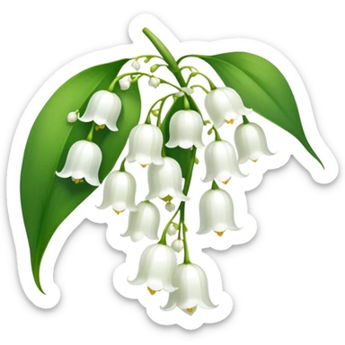 Elegant lily of the valley flower with delicate white bell-shaped blooms hanging from green stem and bright green leaves sticker