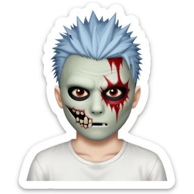 zombie boy with spiky emo hair and white shirt emoji and 

He wears an anonymous mask on half his face and has wounds on the other half. sticker