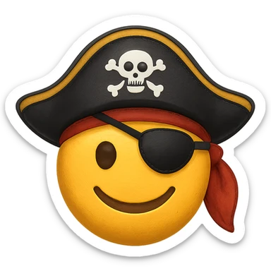 Add an eye patch over the blindfold for the pirate captain. Keep the pirate hat and smiling expression. Render in emoji style with transparent background. sticker