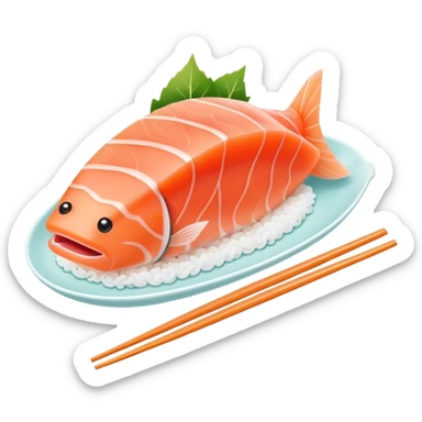 Cute Kawaii Sashimi Slice, delicate and fresh, bright orange salmon with soft pastel textures, an adorable happy face, tiny chopsticks lifting it, gentle glowing highlights! sticker