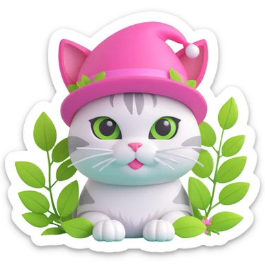 A cat with a pink hat and green leaves, light pink background sticker