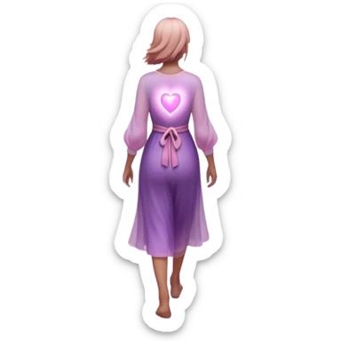 A small figure walks back across a foggy bridge, holding soft pink and purple orbs in each hand—symbolizing compassion and forgiveness. A gentle heart aura trails behind them, showing healing in motion. sticker
