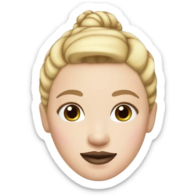 a woman with freckles, blue eyes, light skin, blonde hair with a bun, pink lips. black clothes. sticker