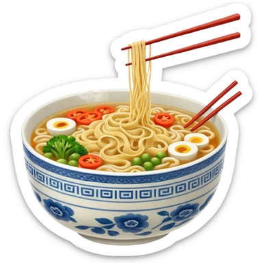 raw a hot bowl of noodles with chopsticks. sticker
