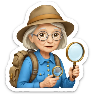Explorer old woman with magnifying glass and backpack sticker