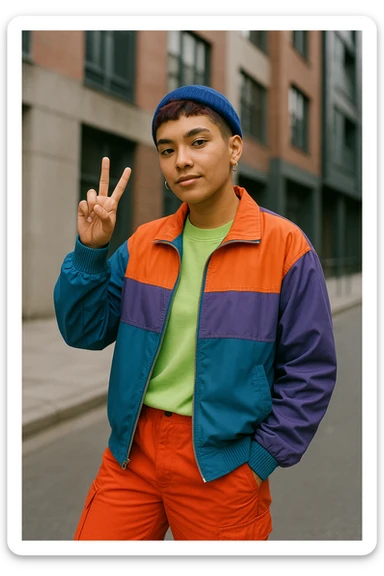 neutral gender Gen Z person making a peace sign, trendy clothing sticker