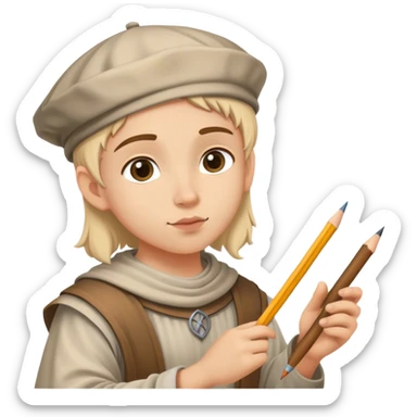 young painter apprentice drawing with pencil, medieval age sticker