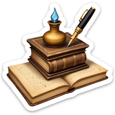 Create a vibrant emoji representing prose writing with an old-style, antique look. The design should include semi-turned pages of an old book with unfinished prose written on them. Add a vintage ink inkwell and a classic fountain pen or quill with black ink. Use warm, earthy tones like deep browns, golds, and creams for the book and ink bottle, with subtle ink splatters for an artistic touch. The overall style should evoke a sense of timeless storytelling and literary craftsmanship. Make the background transparent. sticker