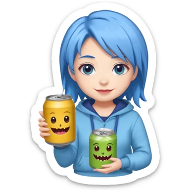 Chibi sticker of a woman with powder blue hair with white eyes hold a can of Monster with a smug smile; cozy style sticker