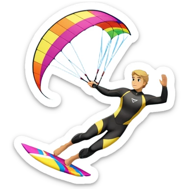 A kite surfer gliding across the water with a colorful kite soaring in the wind. The scene captures the excitement and fluid movement of the sport, with waves splashing around and a clear sky, emphasizing freedom and adventure. sticker